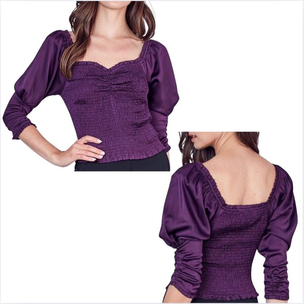 DO+BE Purple/Eggplant Satin Smocked Bodice with Puffed Sleeves Top - Small